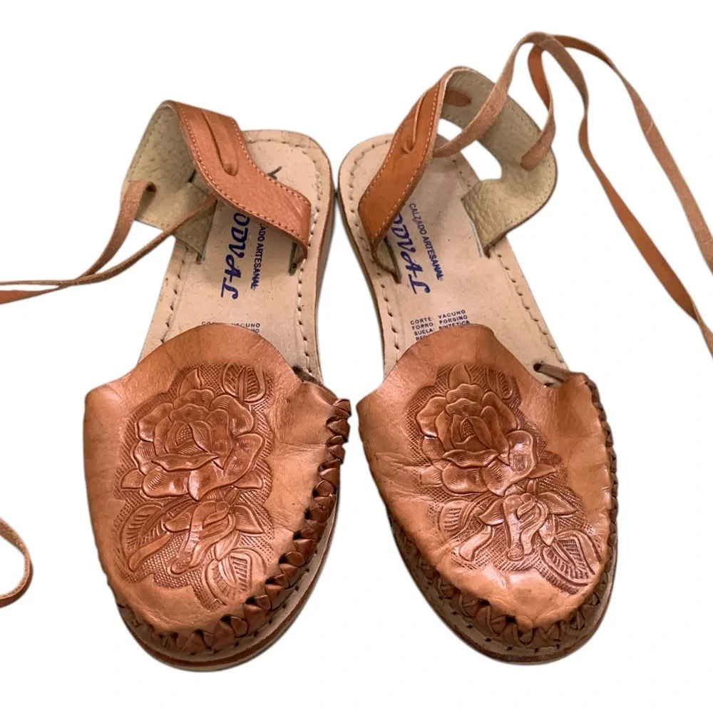 Tan Leather Sandals with Floral Tooled Embroidery and Ankle Straps